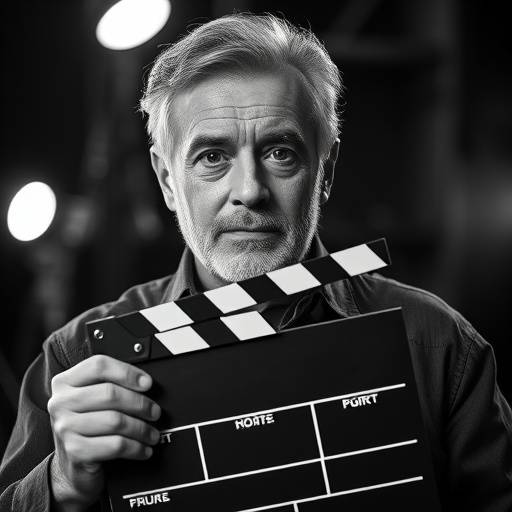 Portrait en noir et blanc d'un réalisateur de cinéma renommé, tenant un clap.