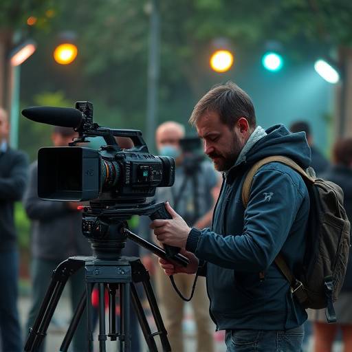 Un op√©rateur de cam√©ra travaille sur un plateau de tournage, entour√© de lumi√®res et d'√©quipement.