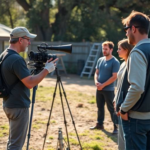 Un r√©alisateur de cin√©ma donne des instructions aux acteurs sur un plateau de tournage en plein air.