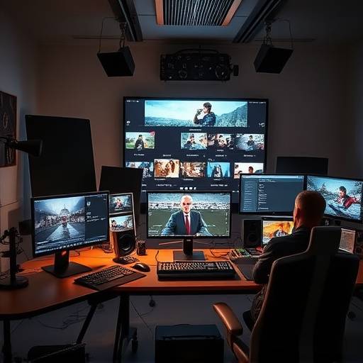 Une salle de montage vid√©o professionnelle avec plusieurs √©crans et un monteur concentr√© sur son travail.